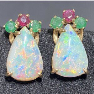 Vintage Opal Earrings w Emerald & Ruby Accents 14K Gold Leverback Clip Ons 2.6ct